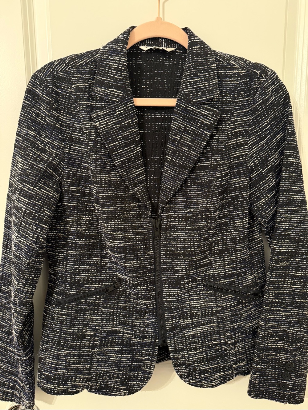 CABI Textured Tweed Blazer Jacket Zip Front Black White Size 8
